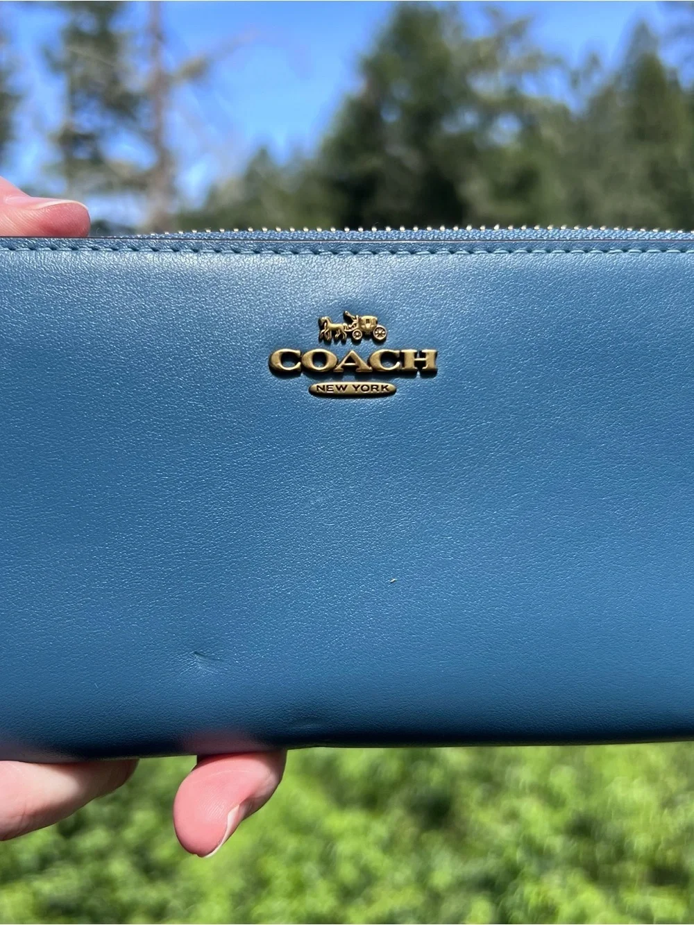 COACH Long Zip-Around Smooth Leather Wallet Blue w Gunmetal Hardware AUTHENTIC